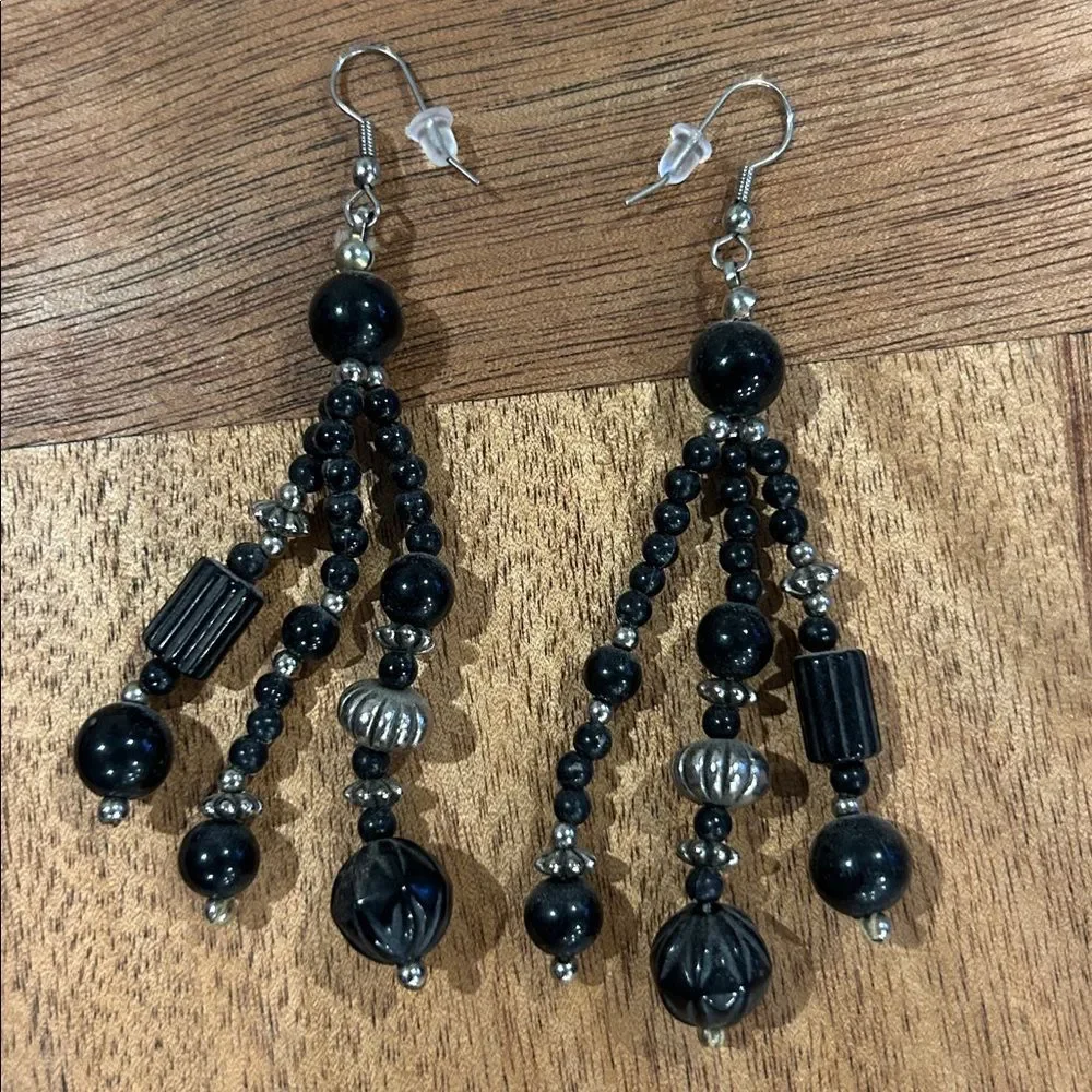 Black Beaded Vintage 3” Dangle Drop Hook Silver Earrings